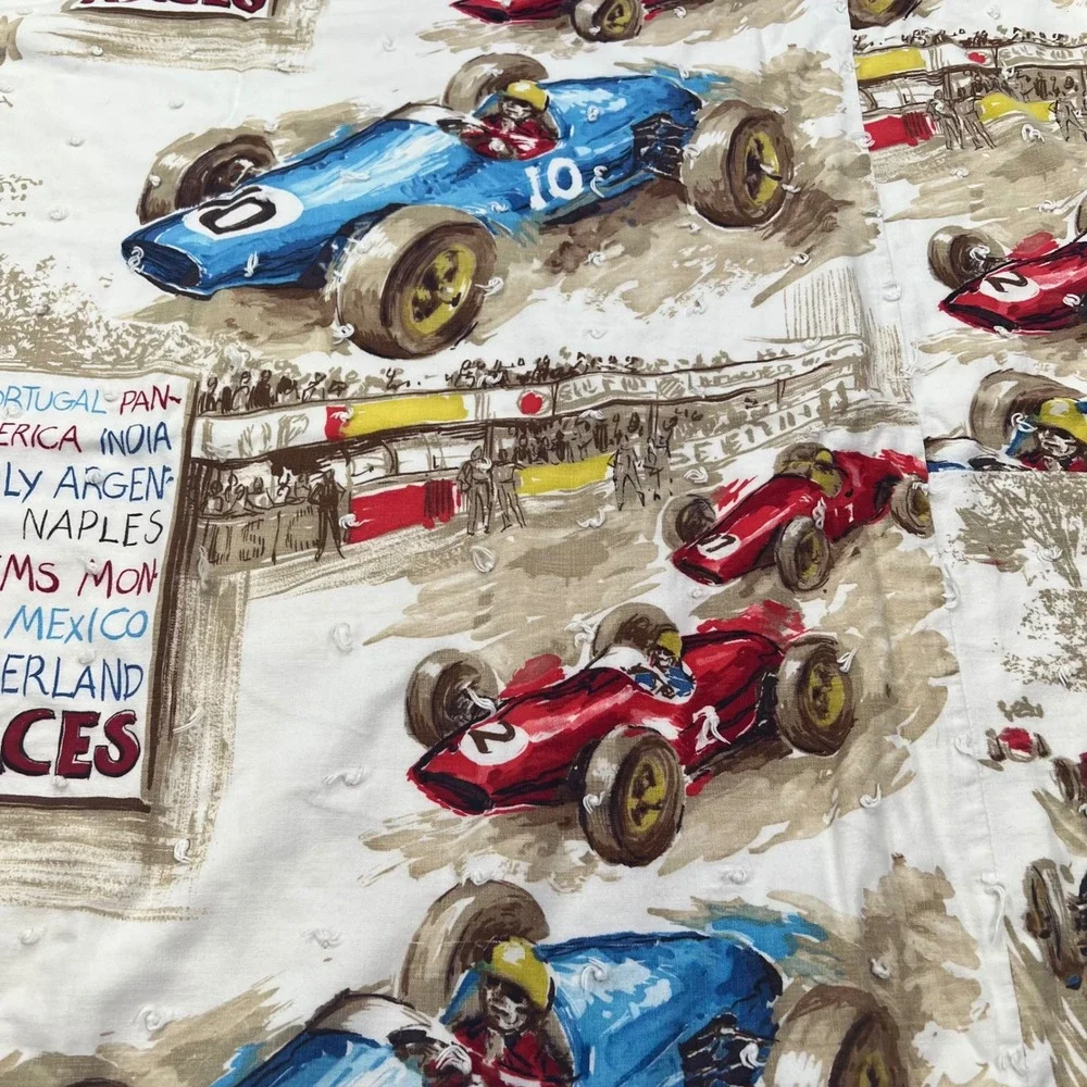 VTG 60s Grand Prix Race Car Hand Tied Quilt Blanket 51x87 Novelty Cotton Textile